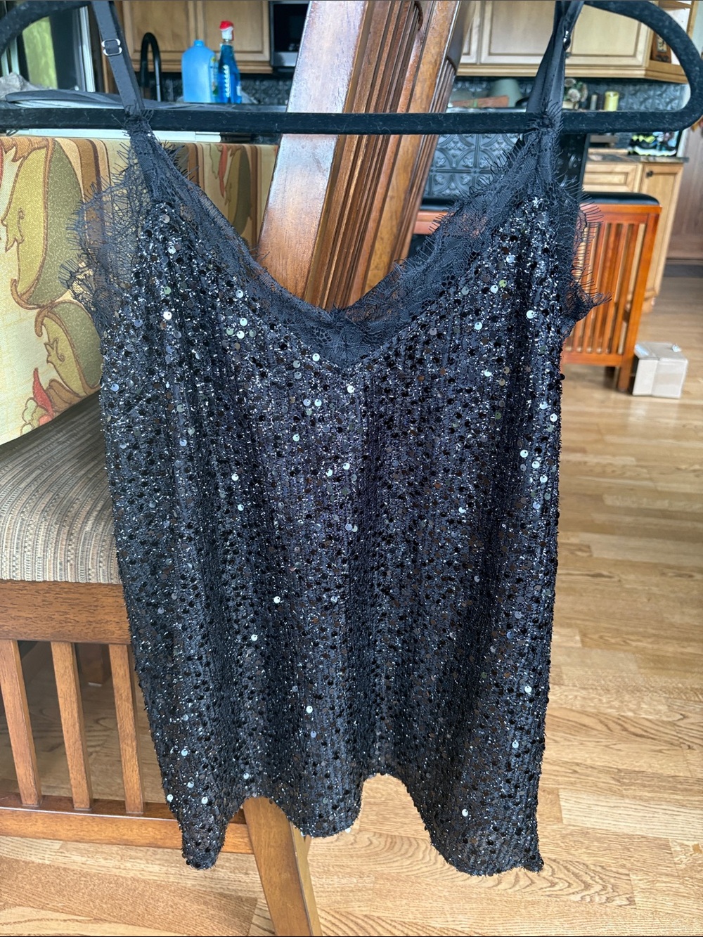 white birch Black Sequin Lace-Trim Cami